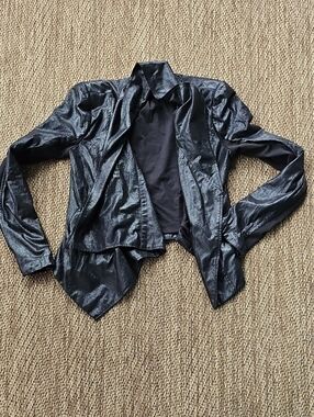 bebe Vintage Waterfall Metallic Black Draped Open-Front Blazer